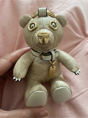 Coach Cream Leather Bear Key Charm with Gold Hardware